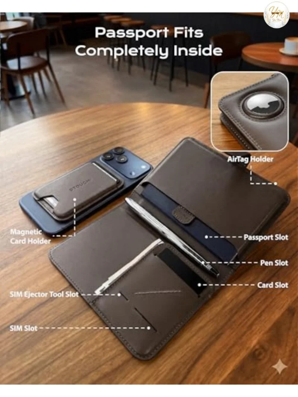 Passport Holder with Detachable Magnetic Card Case, RFID-Blocking Vegan Leather